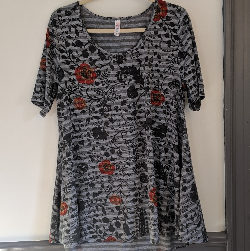 LulaRoe Gray Striped and Floral Perfect Tee
